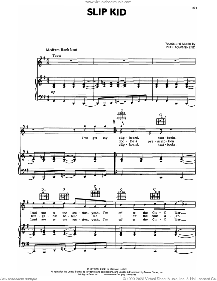 Slip Kid sheet music for voice, piano or guitar by The Who and Pete Townshend, intermediate skill level