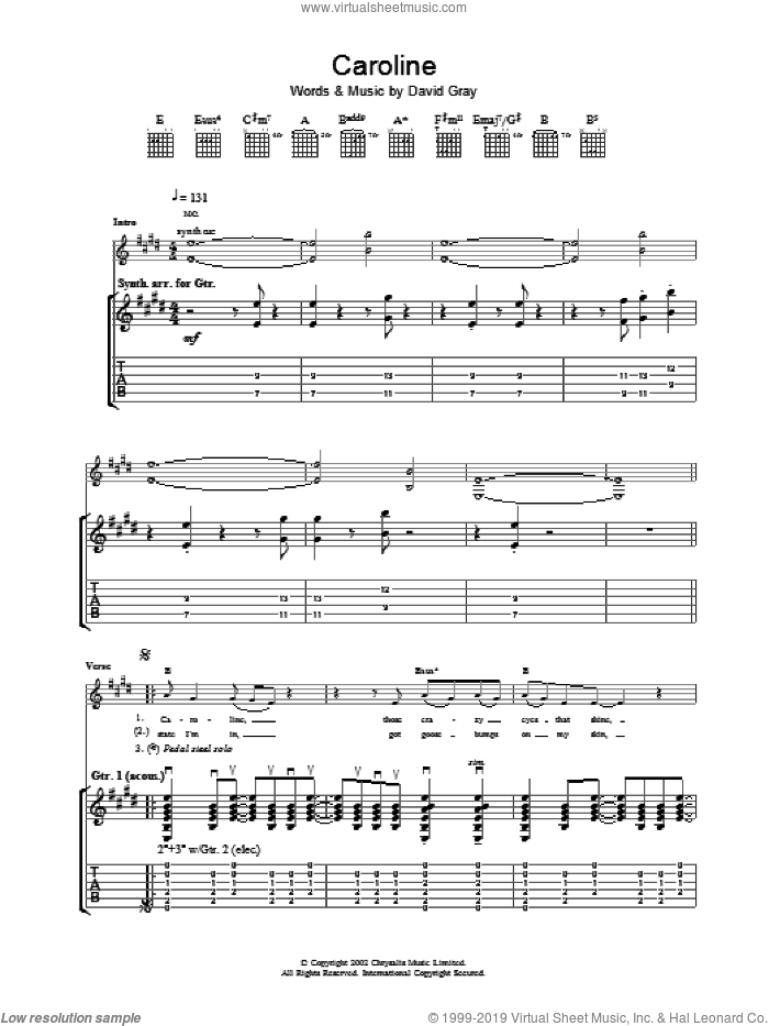 Caroline sheet music for guitar (tablature) by David Gray, intermediate skill level