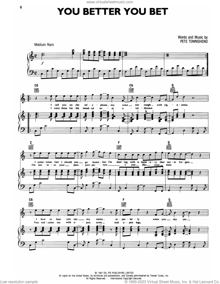 You Better You Bet sheet music for voice, piano or guitar by The Who and Pete Townshend, intermediate skill level