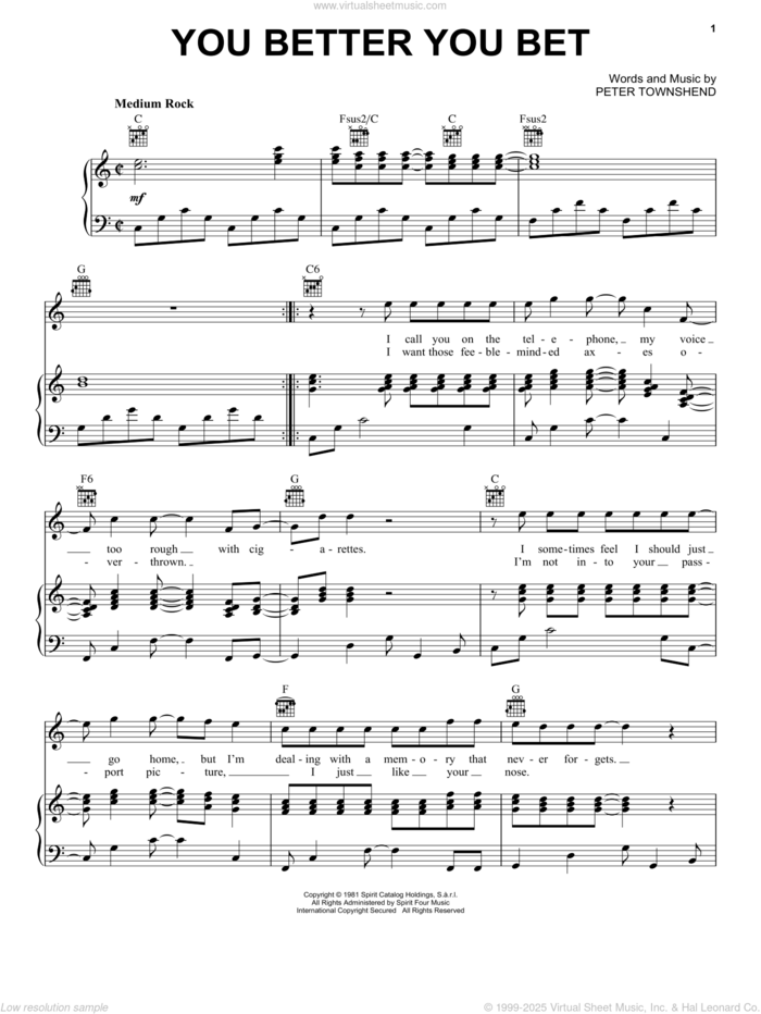 You Better You Bet sheet music for voice, piano or guitar by The Who and Pete Townshend, intermediate skill level