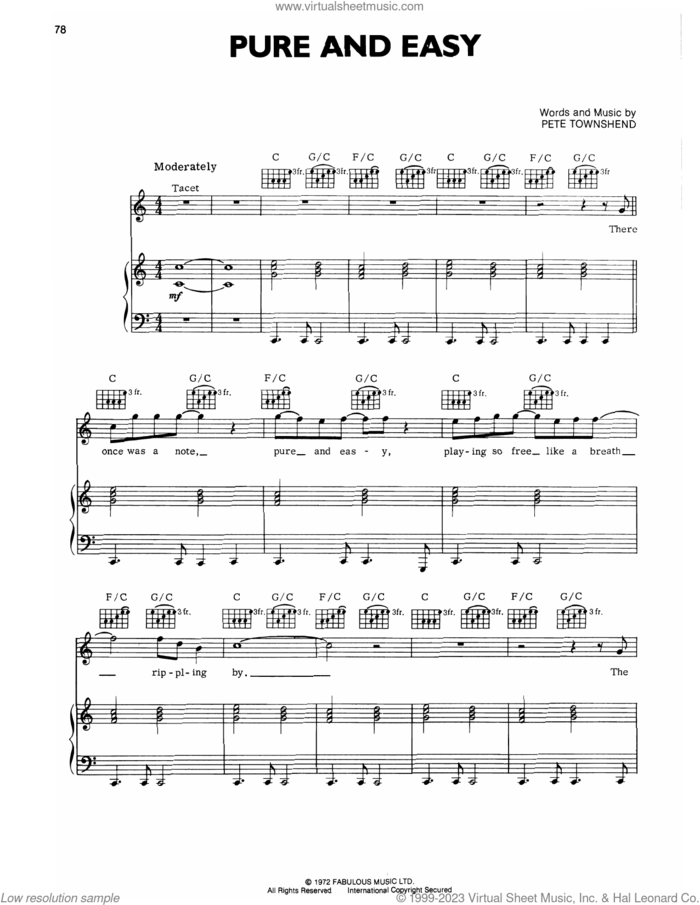 Pure And Easy sheet music for voice, piano or guitar by The Who and Pete Townshend, intermediate skill level