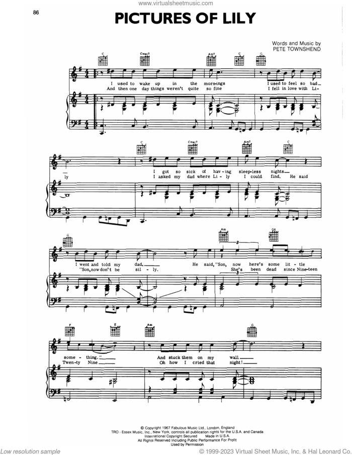 Pictures Of Lily sheet music for voice, piano or guitar by The Who and Pete Townshend, intermediate skill level