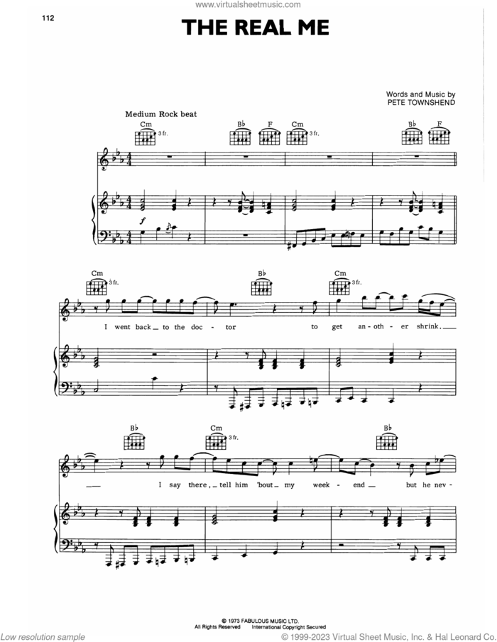 The Real Me sheet music for voice, piano or guitar by The Who and Pete Townshend, intermediate skill level