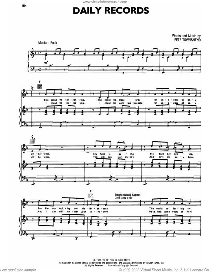 Daily Records sheet music for voice, piano or guitar by The Who and Pete Townshend, intermediate skill level