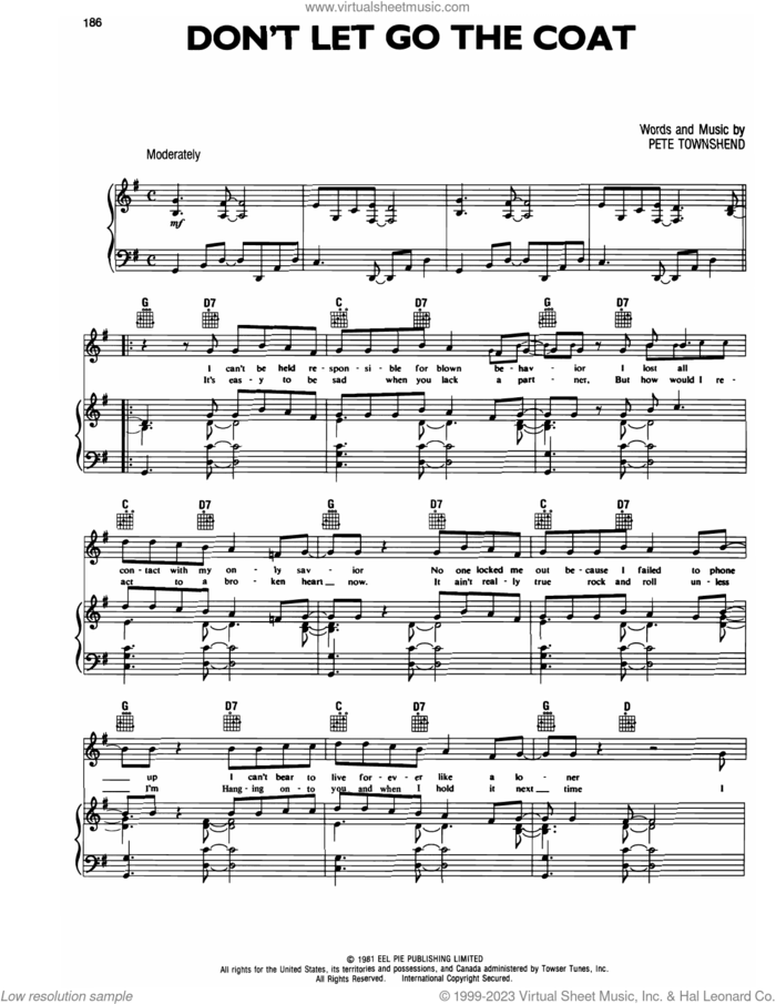 Don't Let Go The Coat sheet music for voice, piano or guitar by The Who and Pete Townshend, intermediate skill level