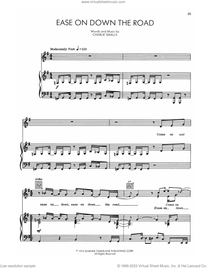 Ease On Down The Road (from The Wiz) sheet music for voice, piano or guitar by Charlie Smalls, Diana Ross and Michael Jackson, intermediate skill level