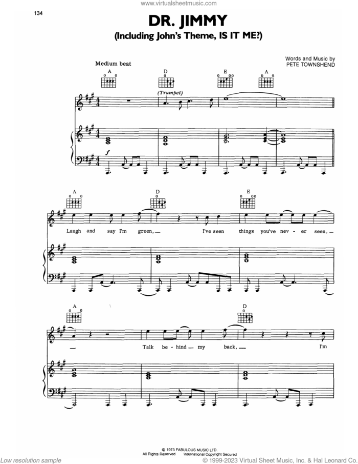 Doctor Jimmy sheet music for voice, piano or guitar by The Who and Pete Townshend, intermediate skill level