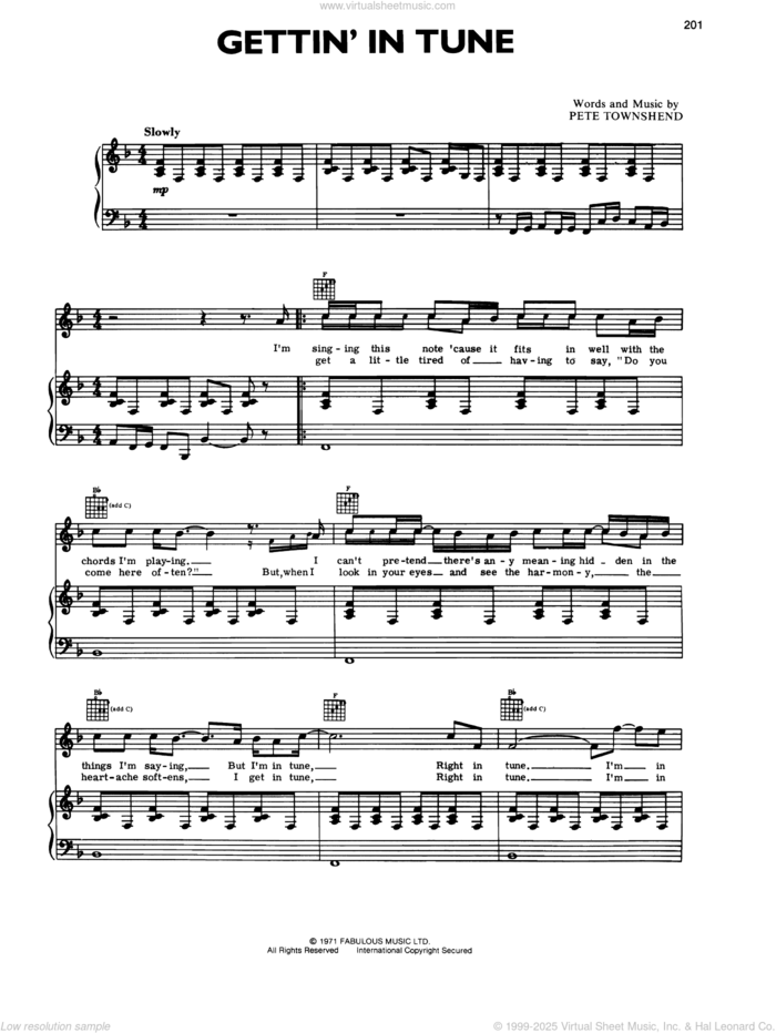 Getting In Tune sheet music for voice, piano or guitar by The Who and Pete Townshend, intermediate skill level