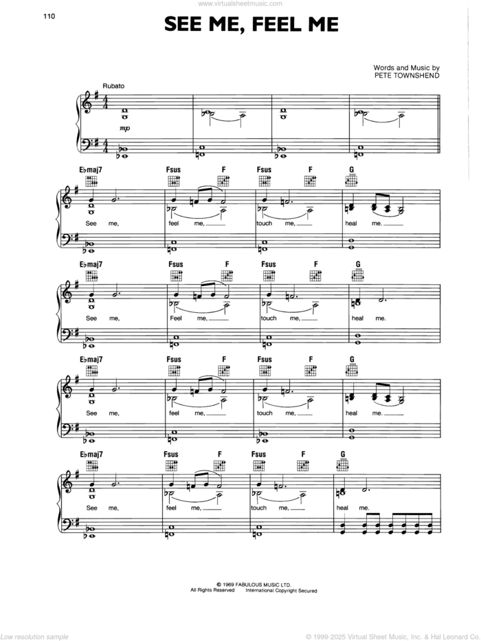 See Me, Feel Me sheet music for voice, piano or guitar by The Who and Pete Townshend, intermediate skill level