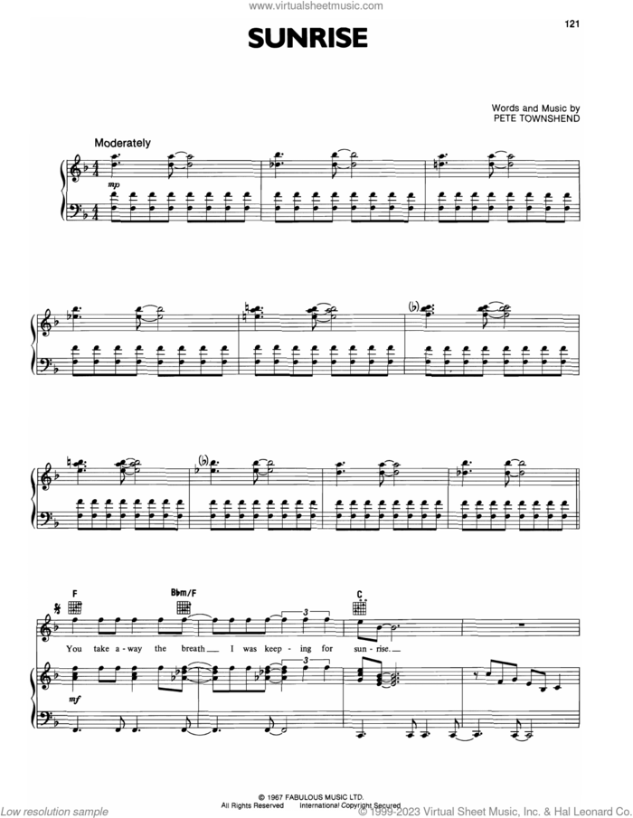 Sunrise sheet music for voice, piano or guitar by The Who and Pete Townshend, intermediate skill level