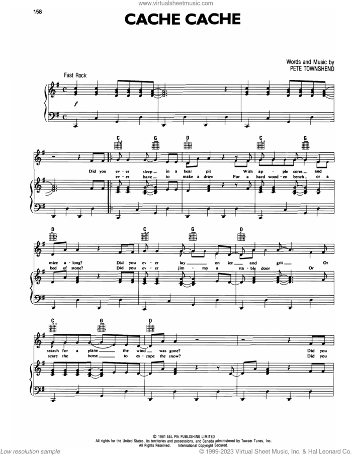 Cache Cache sheet music for voice, piano or guitar by The Who and Pete Townshend, intermediate skill level