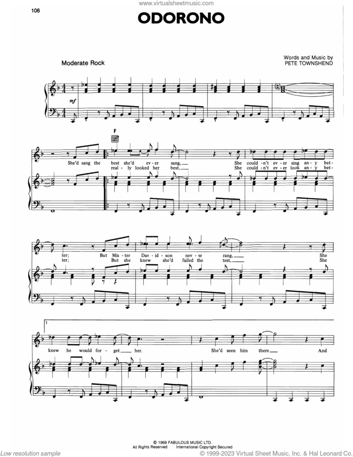 Odorono sheet music for voice, piano or guitar by The Who and Pete Townshend, intermediate skill level
