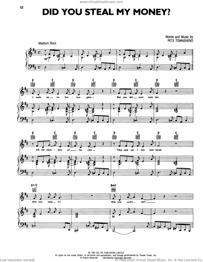 Did You Steal My Money sheet music for voice, piano or guitar by The Who and Pete Townshend, intermediate skill level