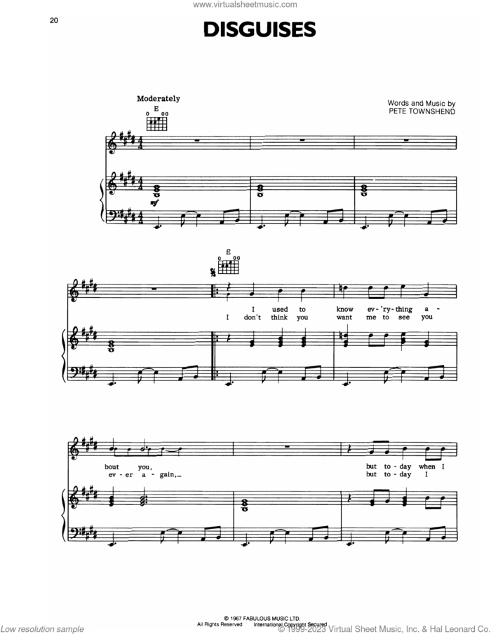 Disguises sheet music for voice, piano or guitar by The Who and Pete Townshend, intermediate skill level