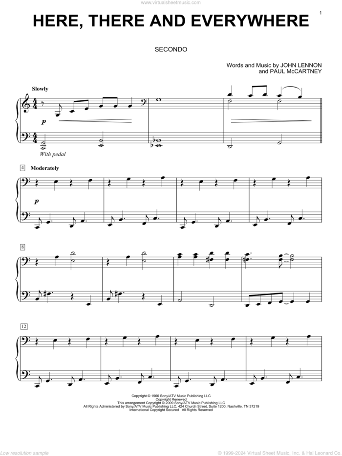 Here, There And Everywhere sheet music for piano four hands by The Beatles, John Lennon and Paul McCartney, wedding score, intermediate skill level