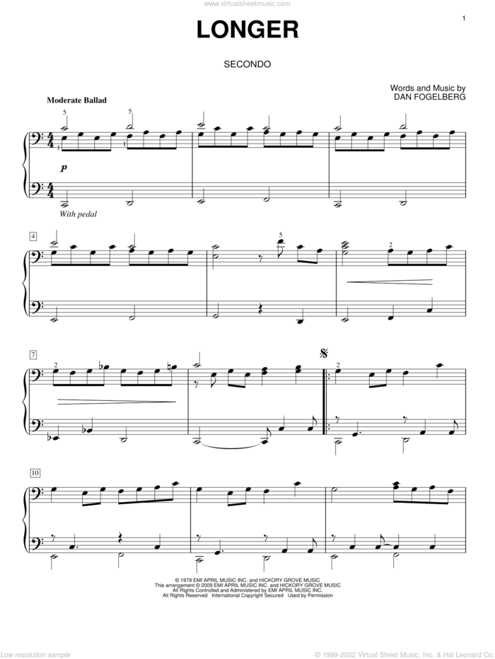 Longer sheet music for piano four hands by Dan Fogelberg, wedding score, intermediate skill level