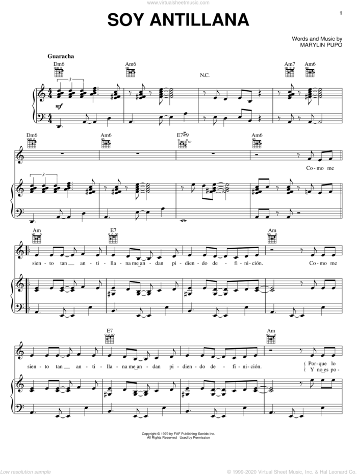 Soy Antillana sheet music for voice, piano or guitar by Celia Cruz and Marylin Pupo, intermediate skill level