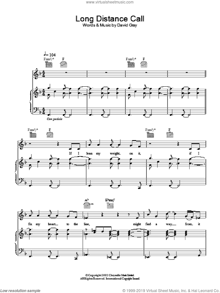 Long Distance Call sheet music for voice, piano or guitar by David Gray, intermediate skill level