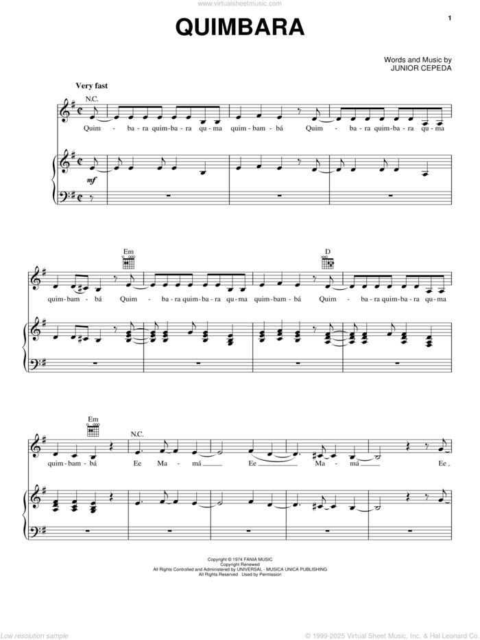 Quimbara sheet music for voice, piano or guitar by Celia Cruz and Junior Cepeda, intermediate skill level