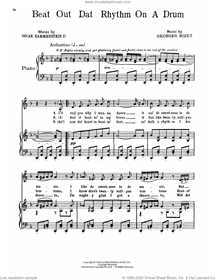 Beat Out Dat Rhythm On A Drum (from Carmen Jones) sheet music for voice, piano or guitar by Georges Bizet, Oscar Hammerstein II & Georges Bizet and Oscar II Hammerstein, intermediate skill level