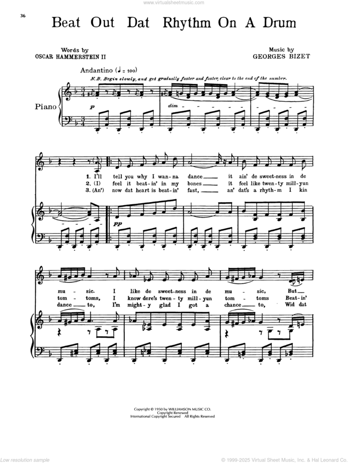 Beat Out Dat Rhythm On A Drum (from Carmen Jones) sheet music for voice, piano or guitar by Georges Bizet, Oscar Hammerstein II & Georges Bizet and Oscar II Hammerstein, intermediate skill level