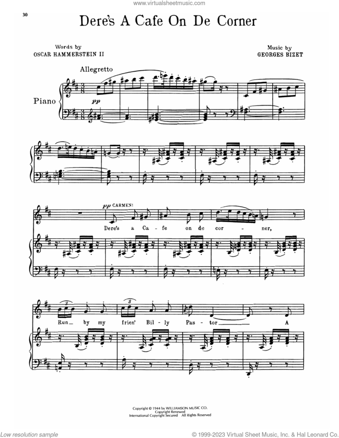 Dere's A Cafe On De Corner (from Carmen Jones) sheet music for voice, piano or guitar by Georges Bizet, Oscar Hammerstein II & Georges Bizet and Oscar II Hammerstein, intermediate skill level