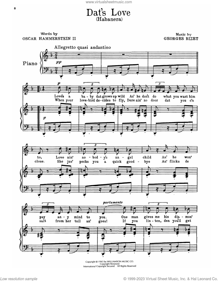 Dat's Love (Habanera) (from Carmen Jones) sheet music for voice, piano or guitar by Georges Bizet, Oscar Hammerstein II & Georges Bizet and Oscar II Hammerstein, intermediate skill level