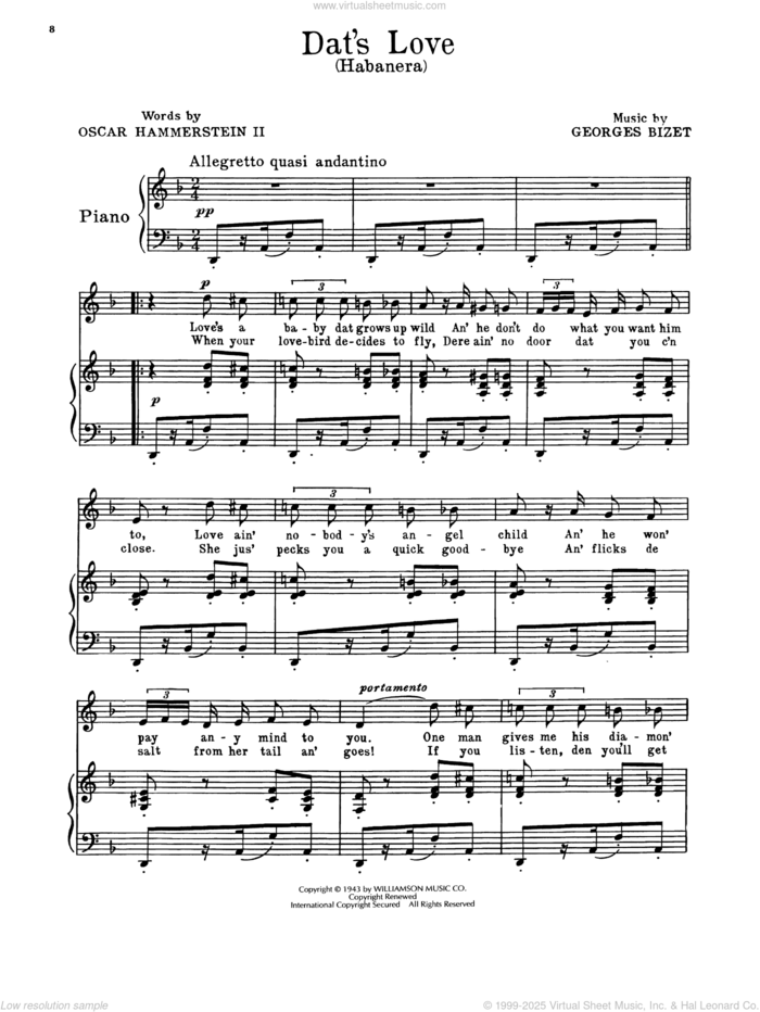 Dat's Love (Habanera) (from Carmen Jones) sheet music for voice, piano or guitar by Georges Bizet, Oscar Hammerstein II & Georges Bizet and Oscar II Hammerstein, intermediate skill level