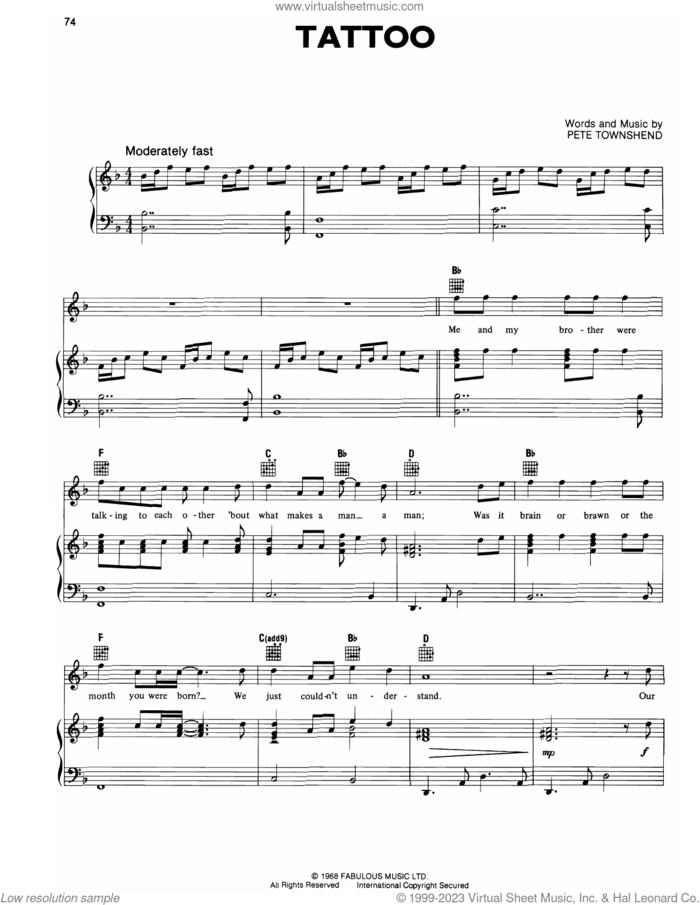 Tattoo sheet music for voice, piano or guitar by The Who and Pete Townshend, intermediate skill level