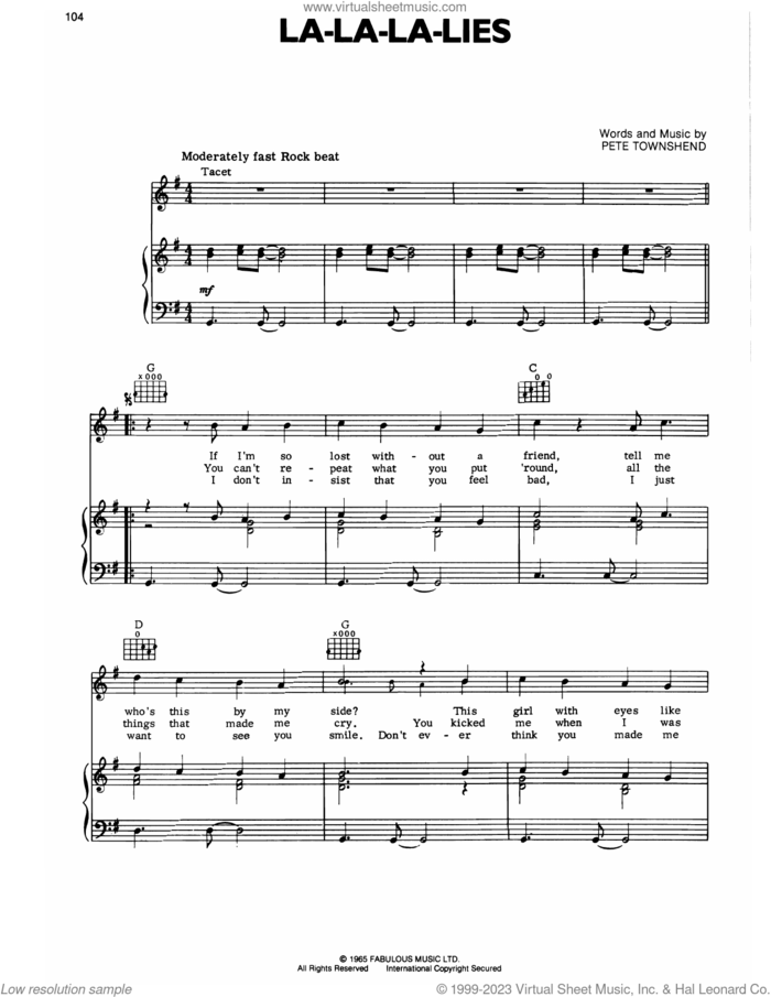 La-La-La-Lies sheet music for voice, piano or guitar by The Who and Pete Townshend, intermediate skill level