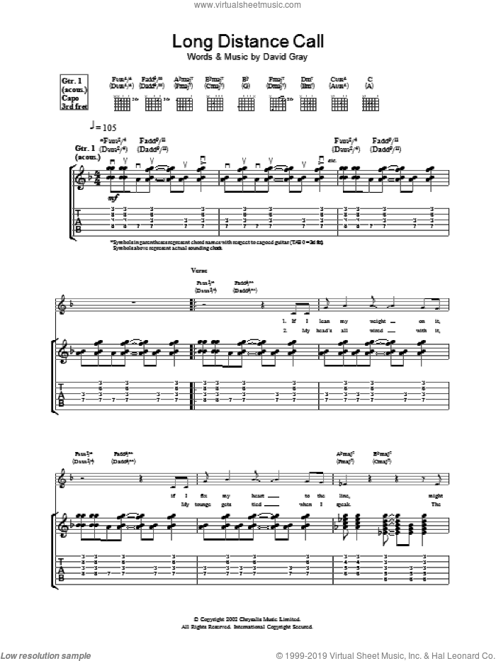 Long Distance Call sheet music for guitar (tablature) by David Gray, intermediate skill level