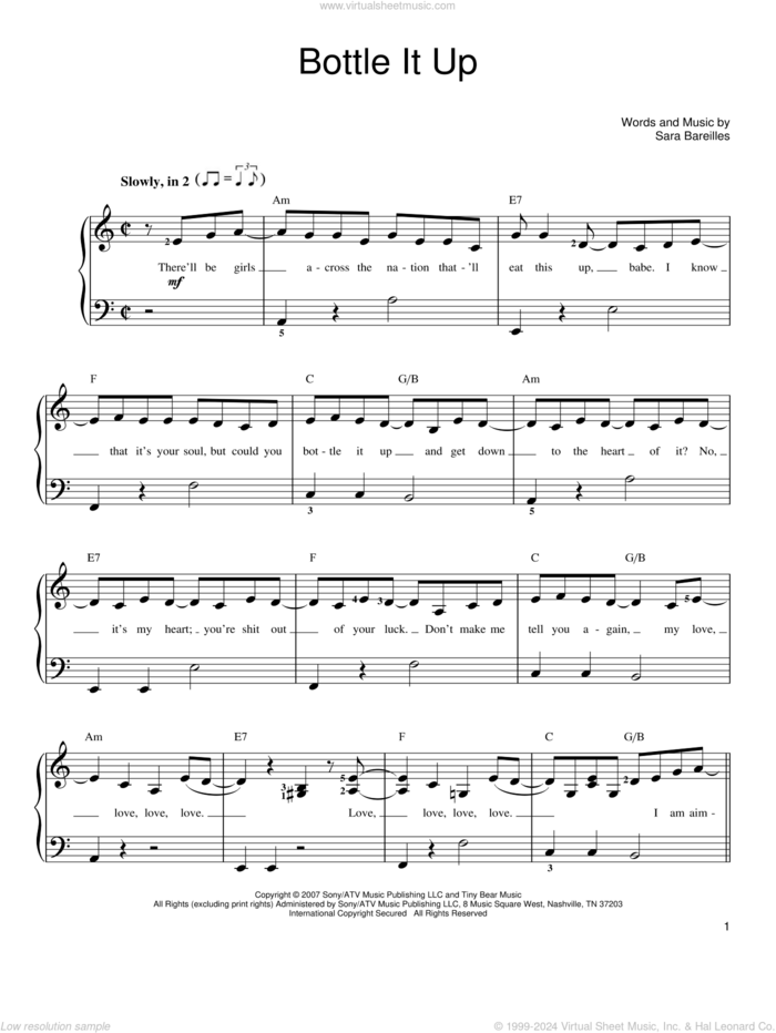 Bottle It Up sheet music for piano solo by Sara Bareilles, easy skill level