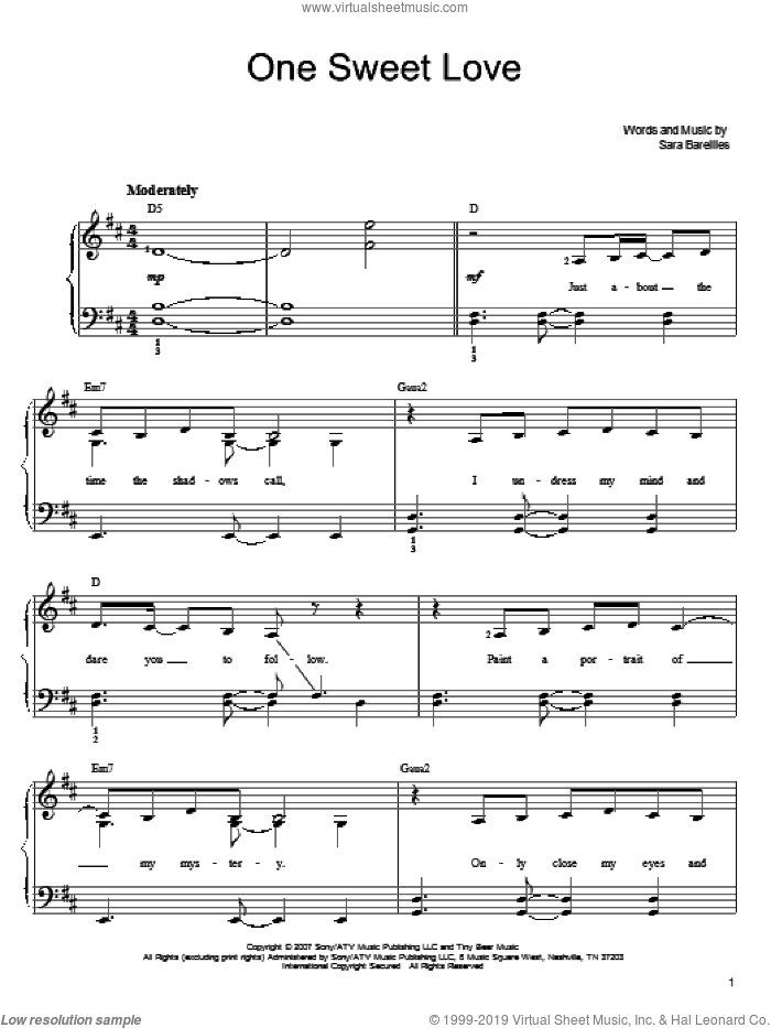 One Sweet Love sheet music for piano solo by Sara Bareilles, easy skill level