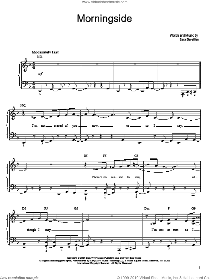 Morningside sheet music for piano solo by Sara Bareilles, easy skill level