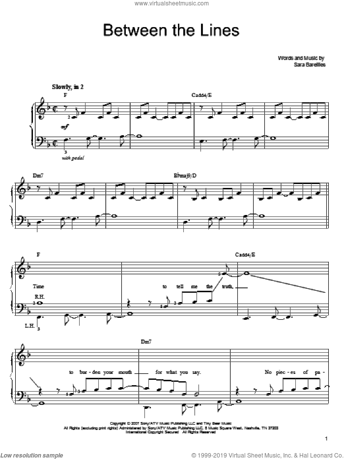 Between The Lines sheet music for piano solo by Sara Bareilles, easy skill level