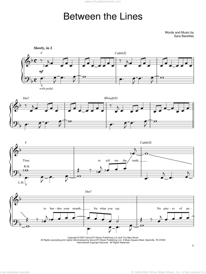 Between The Lines sheet music for piano solo by Sara Bareilles, easy skill level