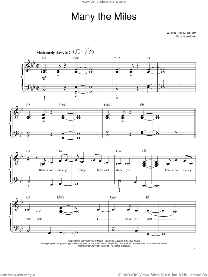 Many The Miles sheet music for piano solo by Sara Bareilles, easy skill level