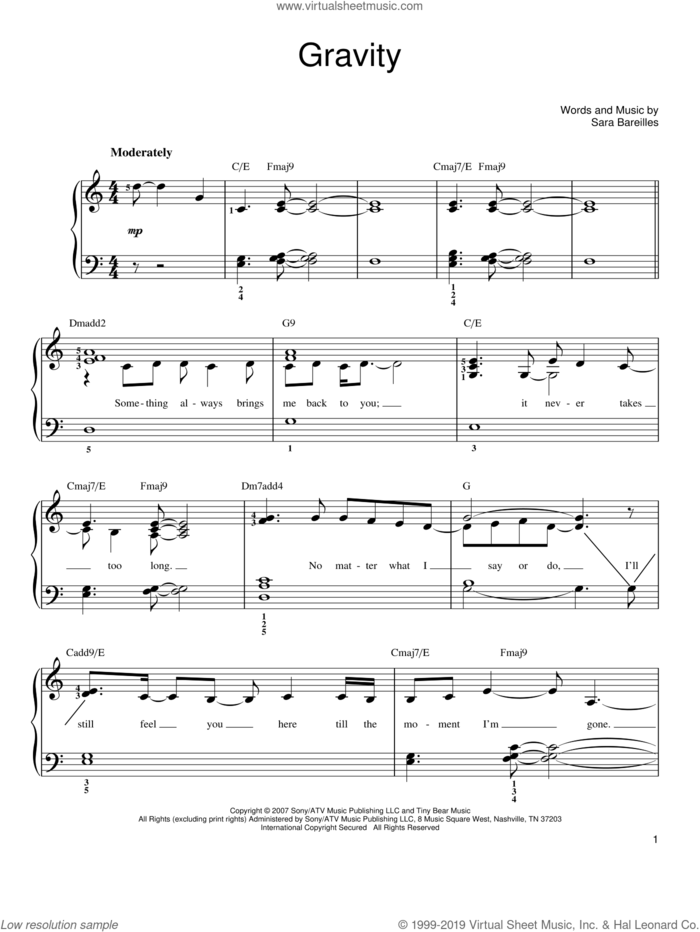 Gravity sheet music for piano solo by Sara Bareilles, easy skill level