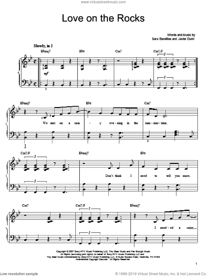 Love On The Rocks sheet music for piano solo by Sara Bareilles and Javier Dunn, easy skill level