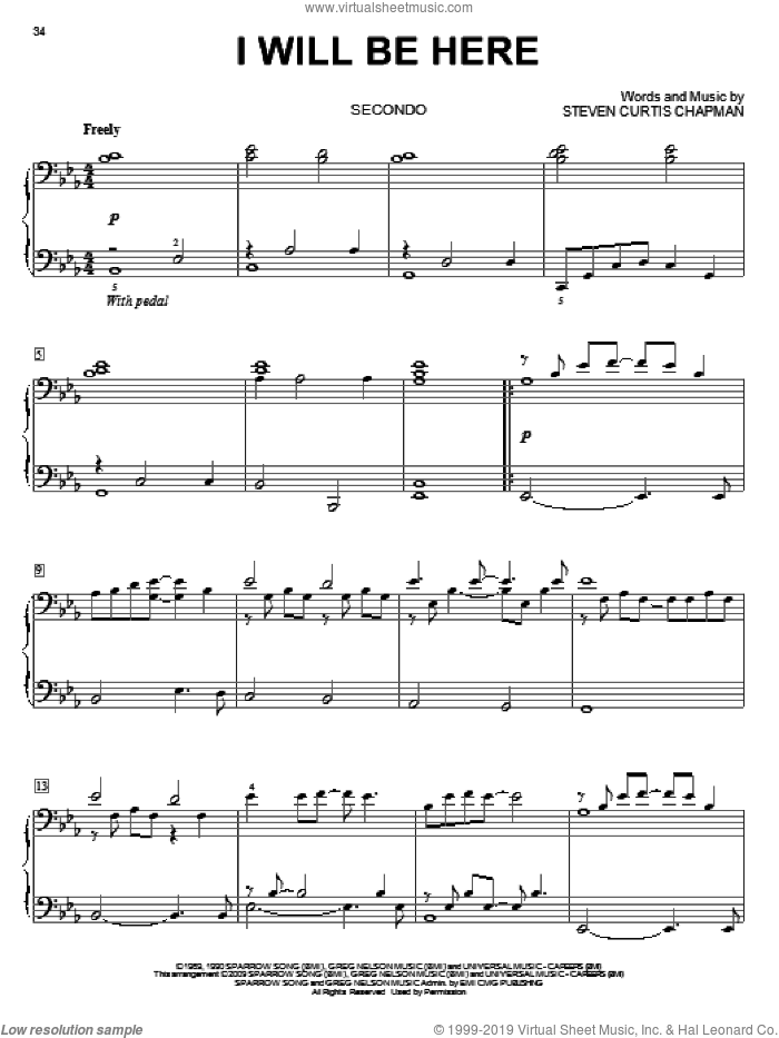 I Will Be Here sheet music for piano four hands by Steven Curtis Chapman, wedding score, intermediate skill level