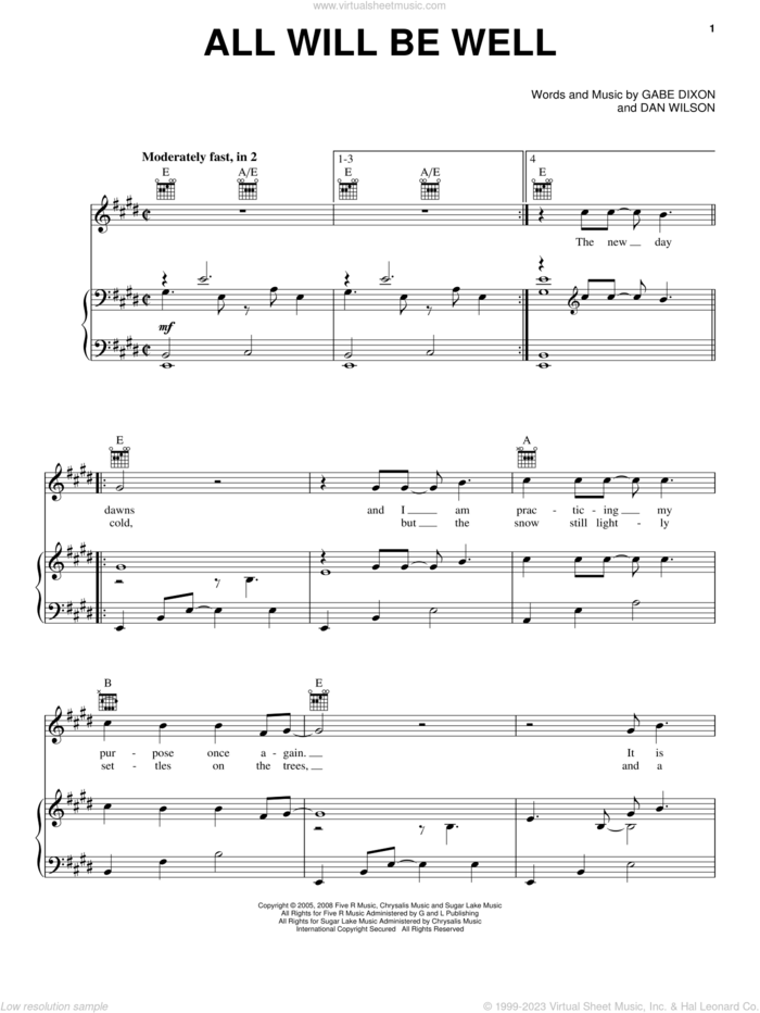 All Will Be Well sheet music for voice, piano or guitar by The Gabe Dixon Band, Dan Wilson and Gabe Dixon, intermediate skill level