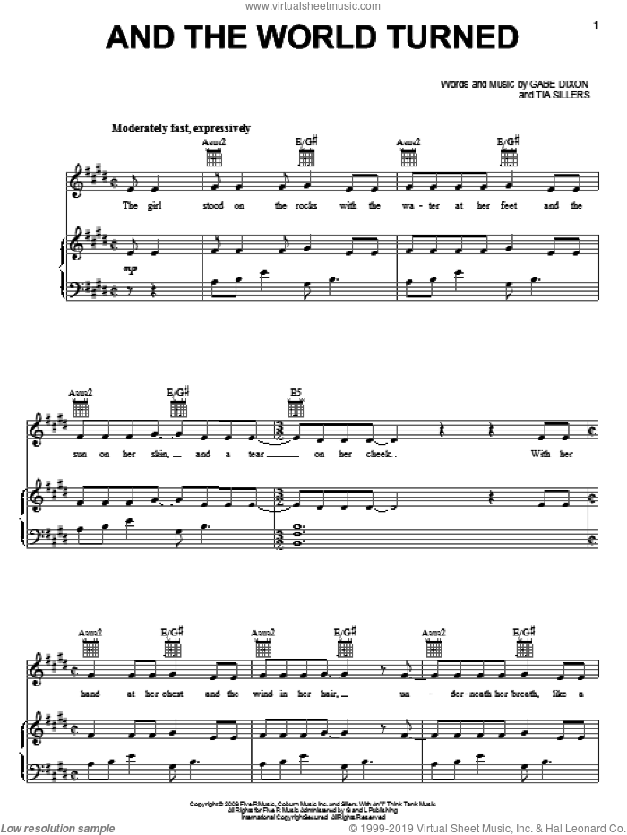 And The World Turned sheet music for voice, piano or guitar by The Gabe Dixon Band, Gabe Dixon and Tia Sillers, intermediate skill level