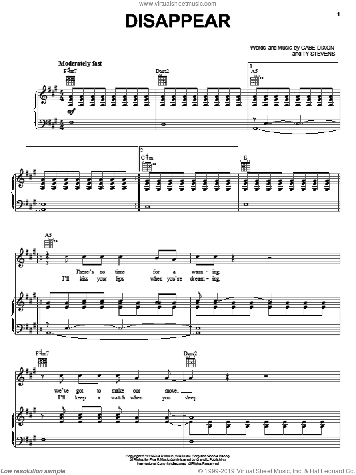 Disappear sheet music for voice, piano or guitar by The Gabe Dixon Band, Gabe Dixon and Ty Stevens, intermediate skill level
