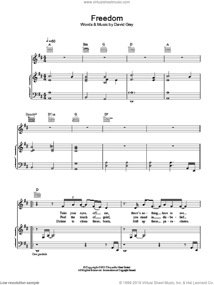 Freedom sheet music for voice, piano or guitar by David Gray, intermediate skill level