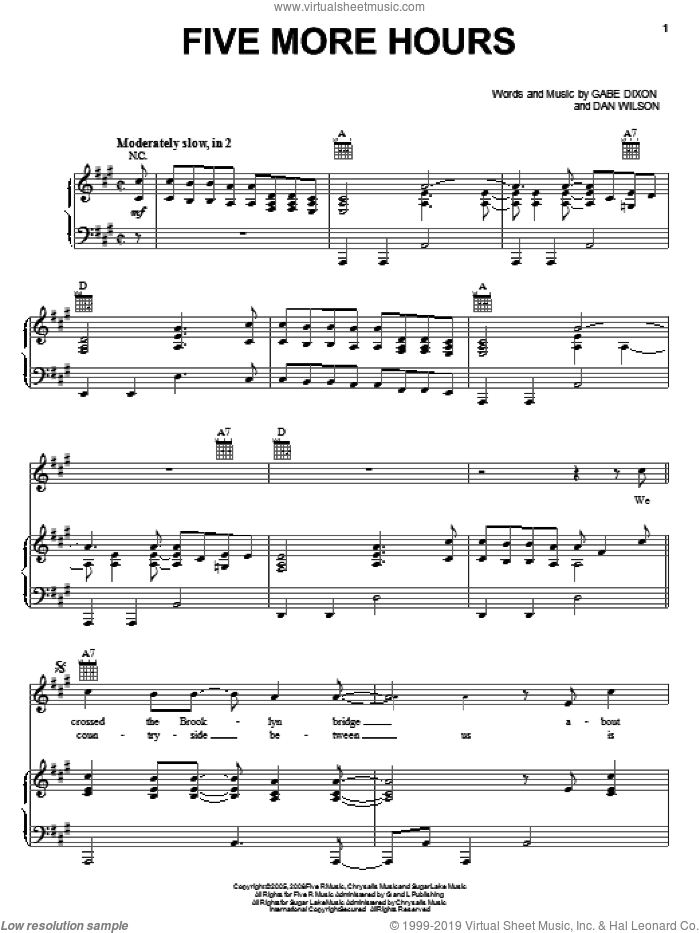 Five More Hours sheet music for voice, piano or guitar by The Gabe Dixon Band, Dan Wilson and Gabe Dixon, intermediate skill level