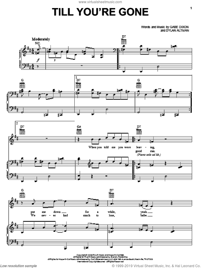 Till You're Gone sheet music for voice, piano or guitar by The Gabe Dixon Band, Dylan Altman and Gabe Dixon, intermediate skill level