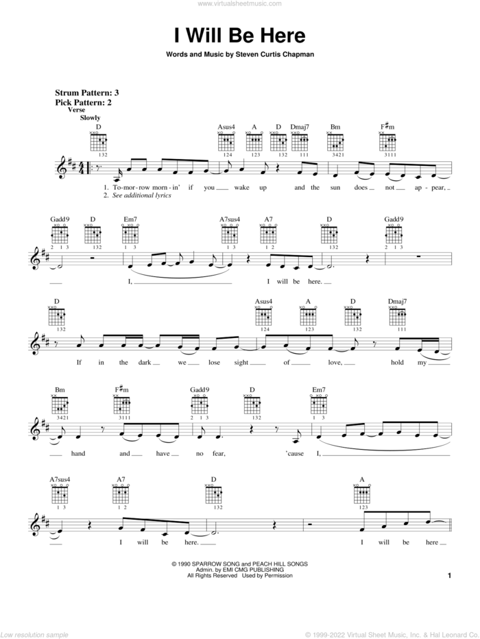 I Will Be Here sheet music for guitar solo (chords) by Steven Curtis Chapman, wedding score, easy guitar (chords)