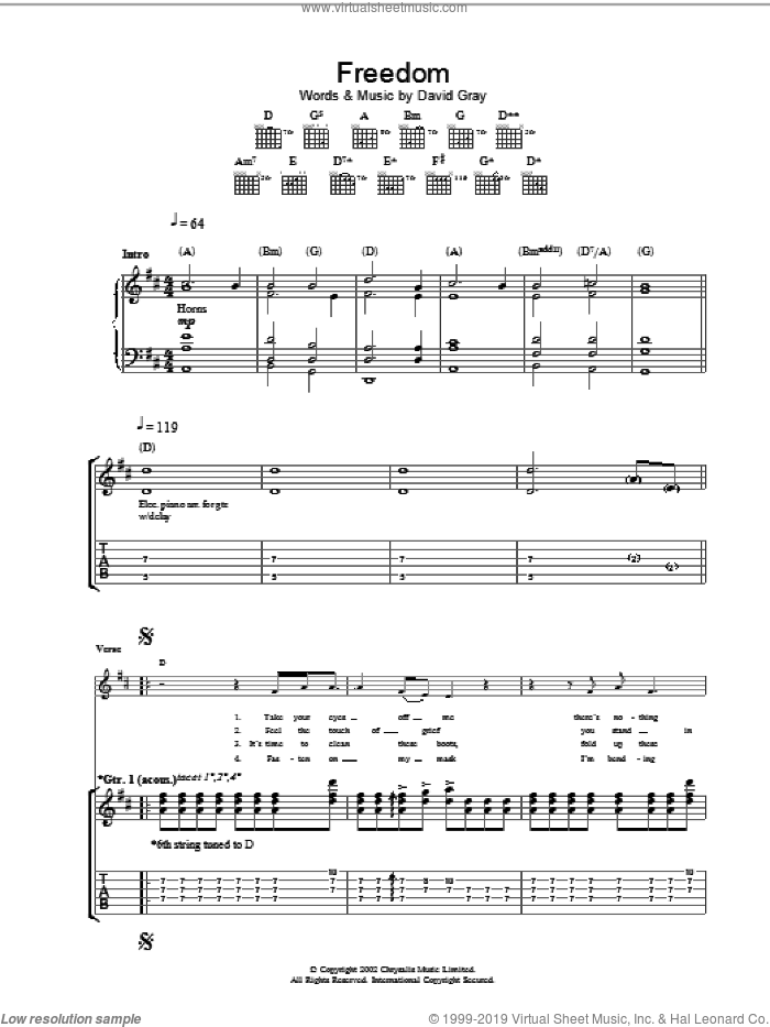 Freedom sheet music for guitar (tablature) by David Gray, intermediate skill level