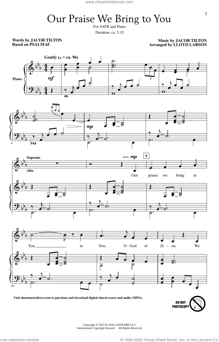 Our Praise We Bring To You (arr. Lloyd Larson) sheet music for choir (SATB: soprano, alto, tenor, bass) by Jacob Tilton and Lloyd Larson, intermediate skill level