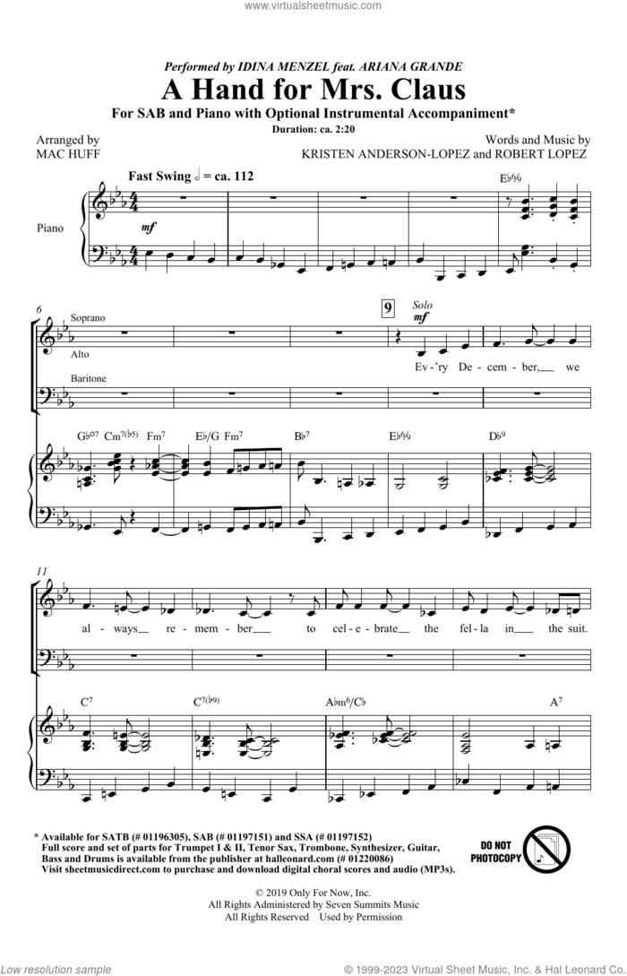 A Hand For Mrs. Claus (arr. Mac Huff) sheet music for choir (SAB: soprano, alto, bass) by Idina Menzel feat. Ariana Grande, Mac Huff, Kristen Anderson-Lopez and Robert Lopez, intermediate skill level